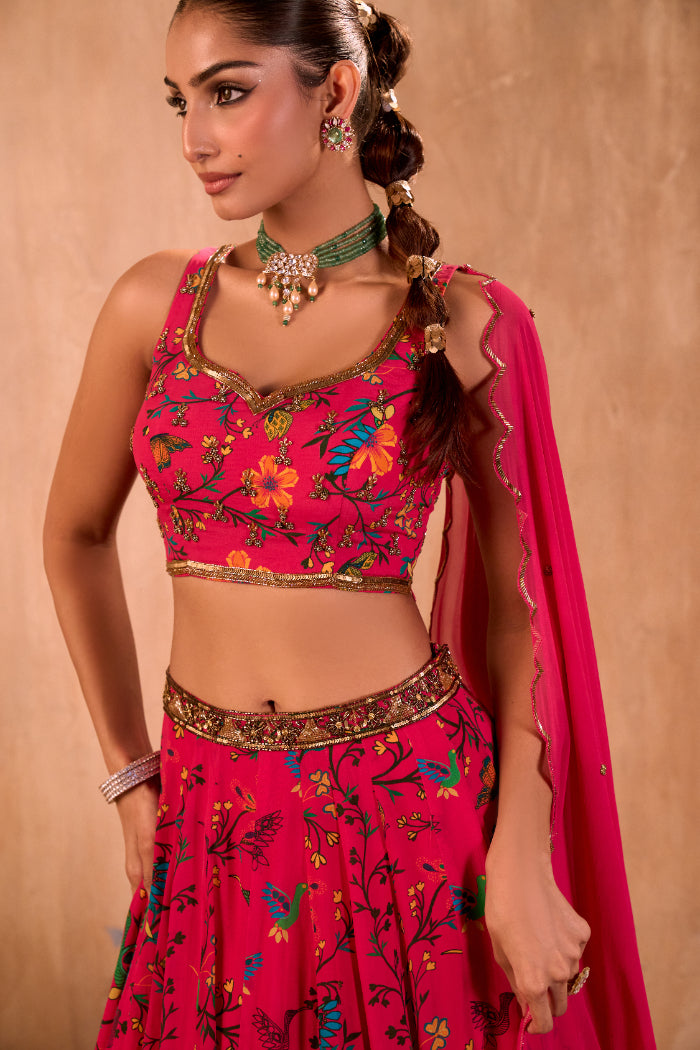 PINK PRINT EMBROIDERED CHOLI, LEHENGA AND DUPATTA SET - image 4