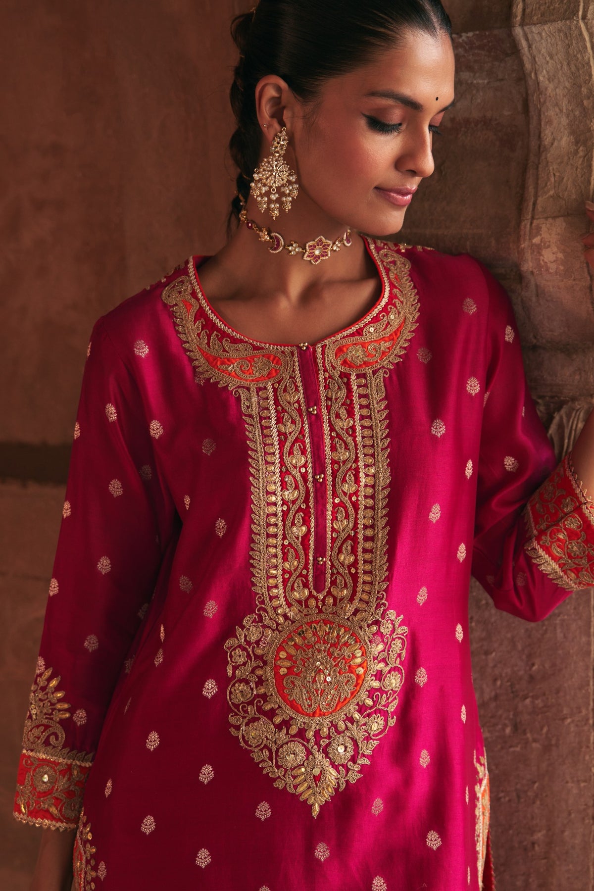 Hot Pink Silk Chanderi Banarasi Short Kurta with Dogri Salwar