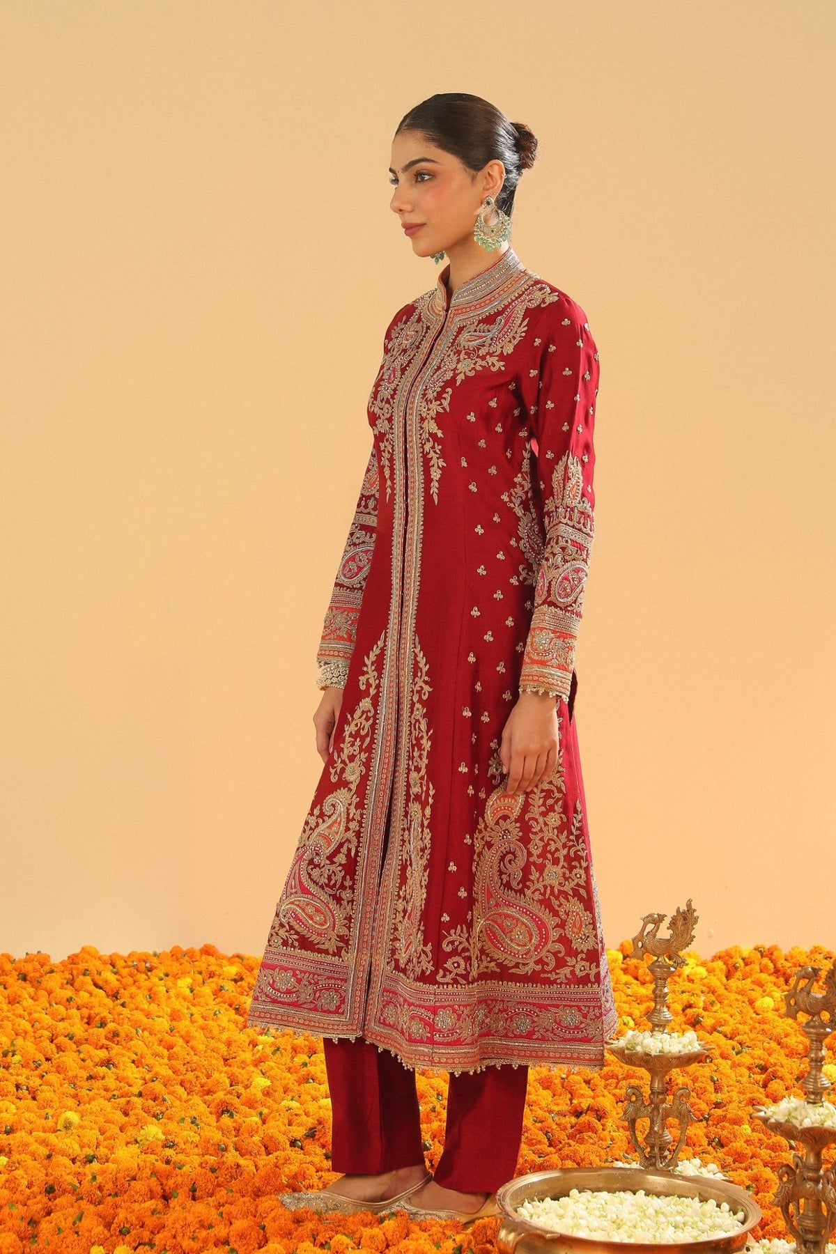 Minara - Deep Red Long A-line Jacket with Pant and Dupatta