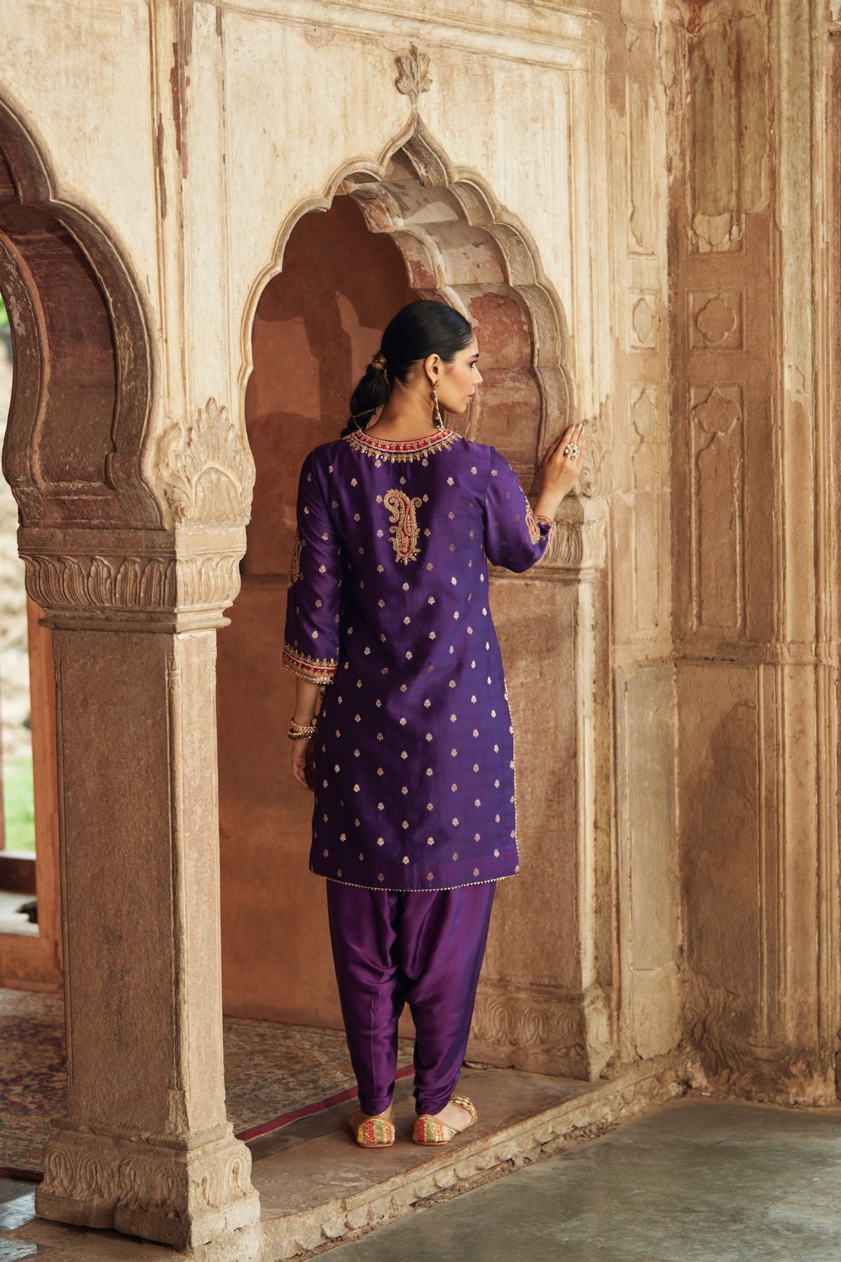 Deep Purple Silk Chanderi Short Kurta Dhoti Set for Festive Wear