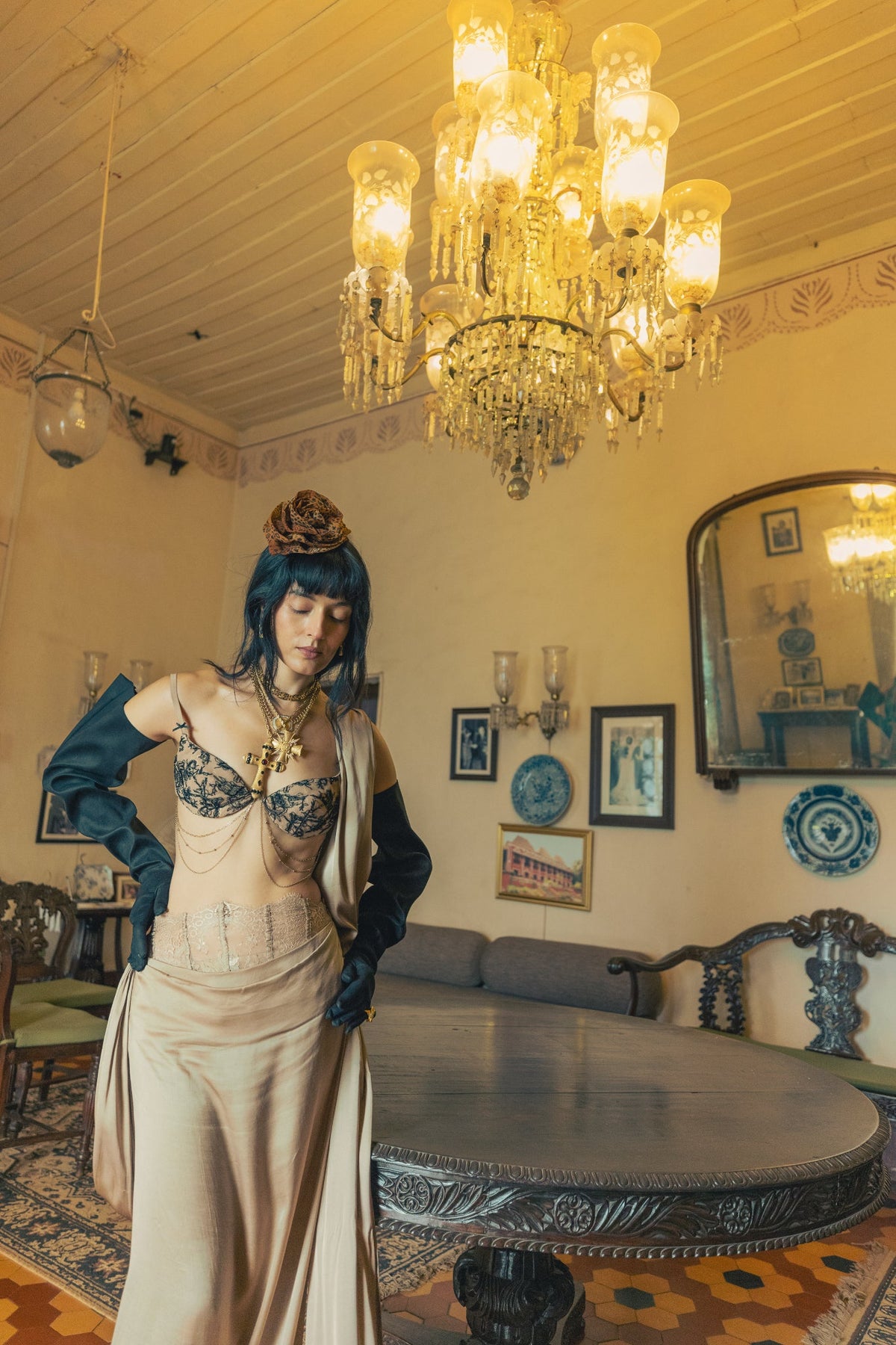 Black & Gold Taupe, Bead Embroidery, Tulle & Silk, Pre-Stitched Sari Set, Bralette Silhouette
