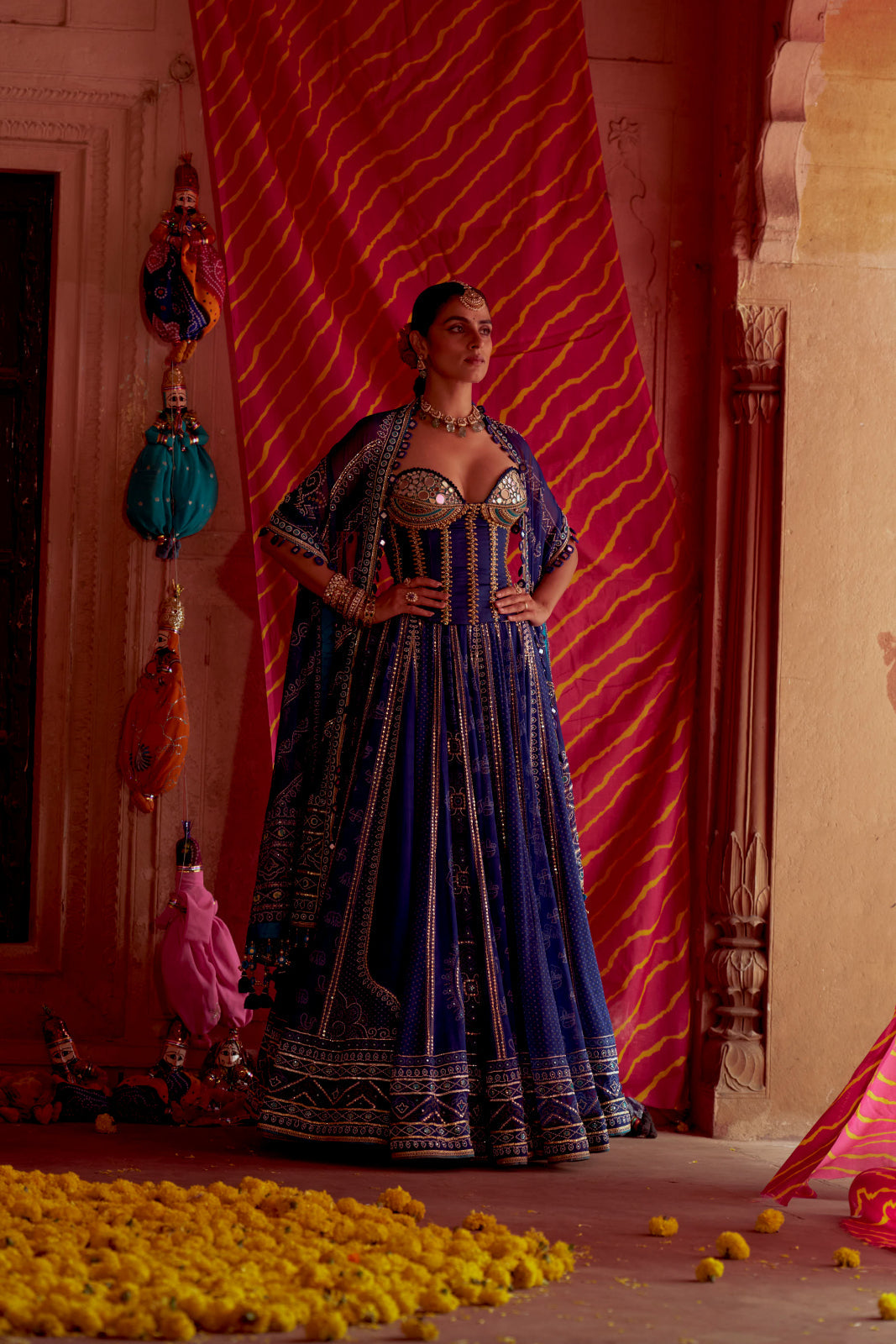 Regal Blue printed bandhej corset Lahenga set