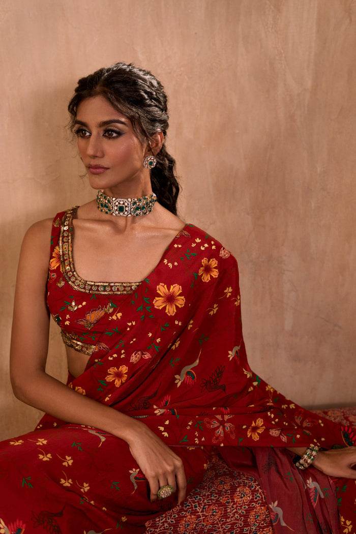 RED PRINT EMBROIDERED CHOLI WITH PRE-DRAPED SARI SET - image 4