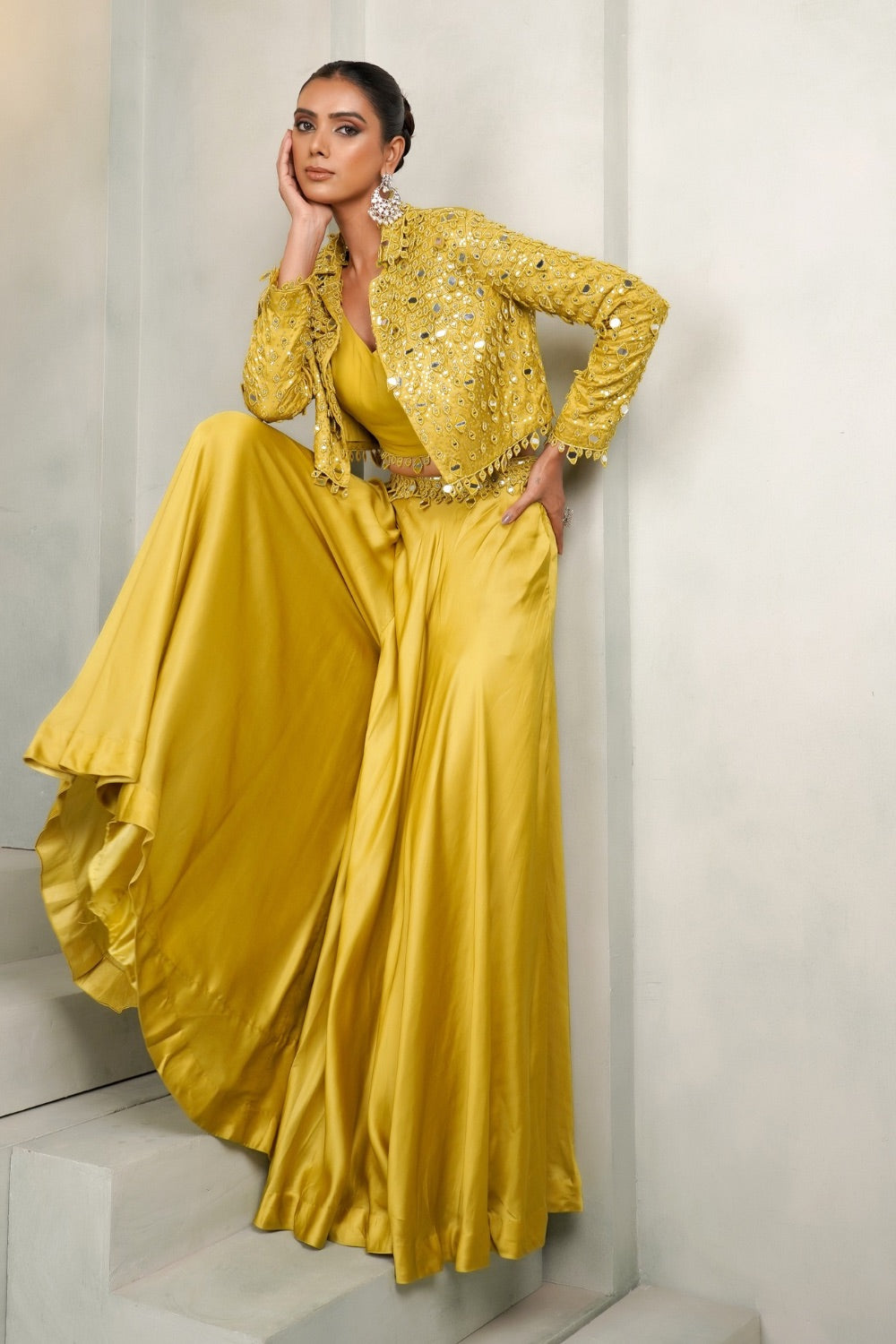 Bright yellow gaji silk Indo western