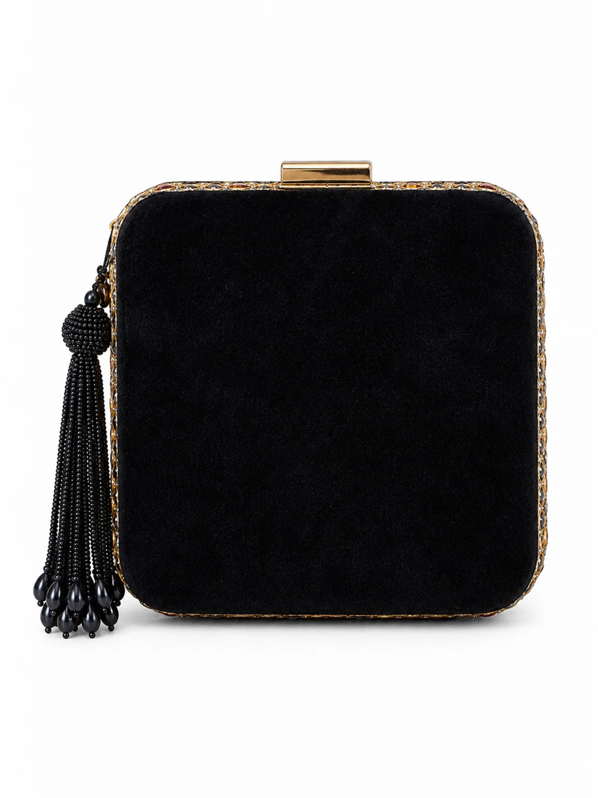 Multicolour Printed Embroidered Square Clutch Bag with Jewel Motifs and Black Tassel