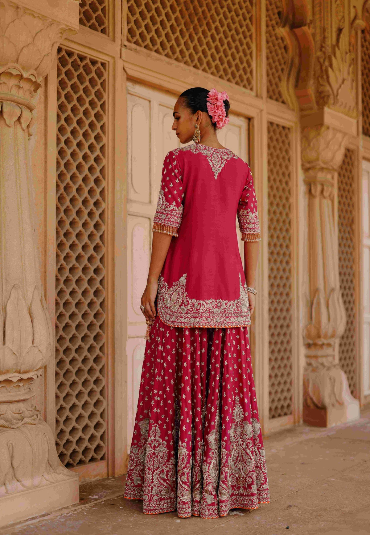 Hot Pink Embroidered Kurta Sharara Set with Organza Dupatta
