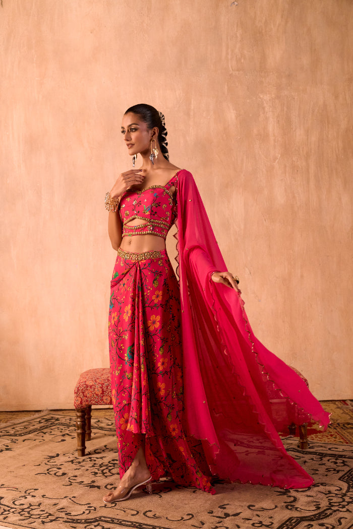 PINK PRINT EMBROIDERED CHOLI, DRAPED SKIRT AND DUPATTA SET - image 4