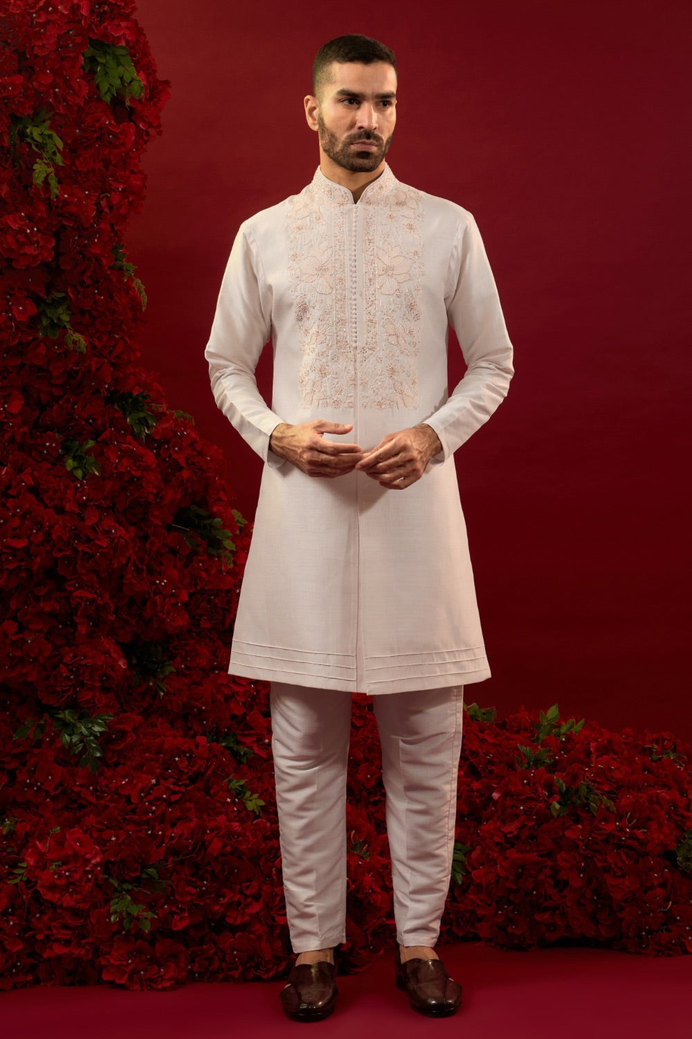 Rose while silk  open koti set with  detailed machine  work