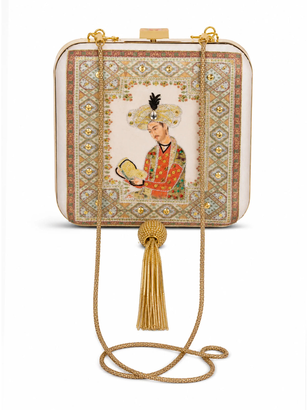 Mughal Court Emperor Miniature Art Clutch Bag with Gold Embellishment