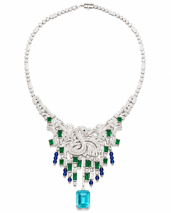 Emerald Sapphire Swan Diamond Statement Necklace Set