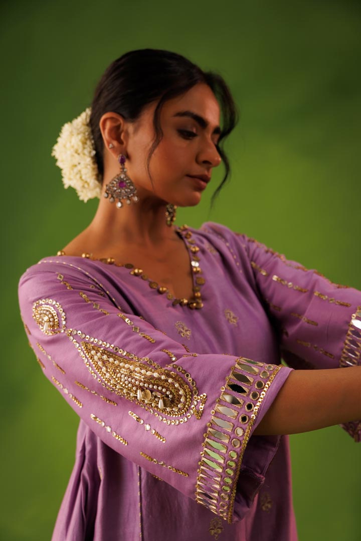 Purple A- line mirror work farshi salwar  set