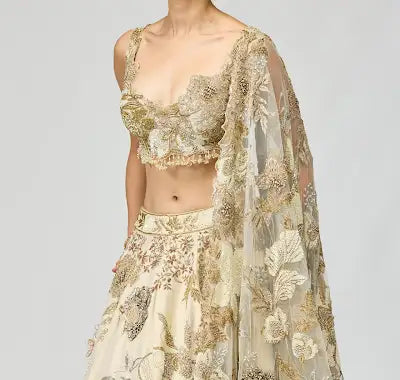 Ivory Embellished Viscose Tissue Lehenga Set for Festive Occasions