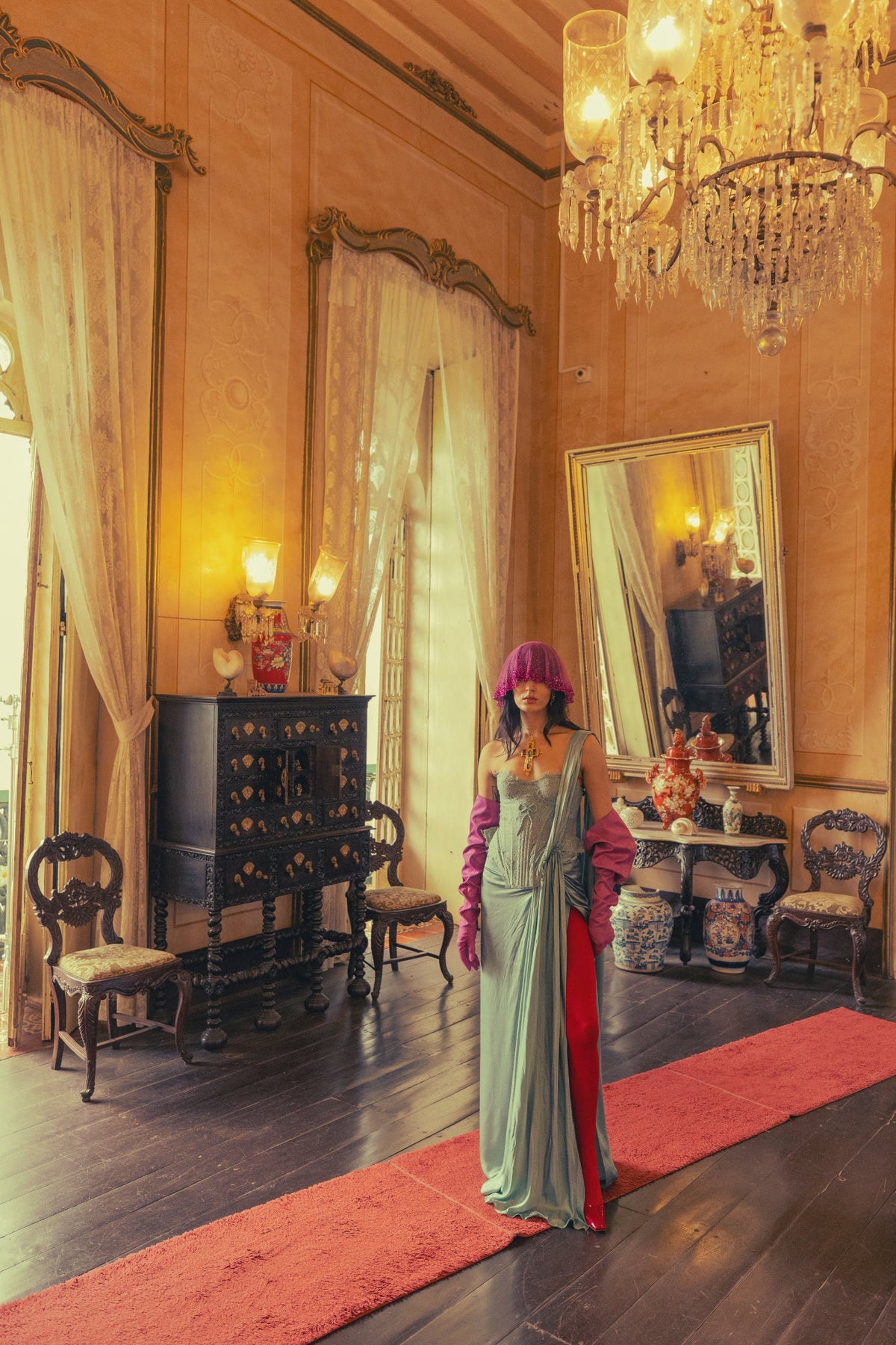 Blue, Zardosi Embroidery, French Lace & Silk Satin, Corset Sari Set, Pre-Pleated Silhouette