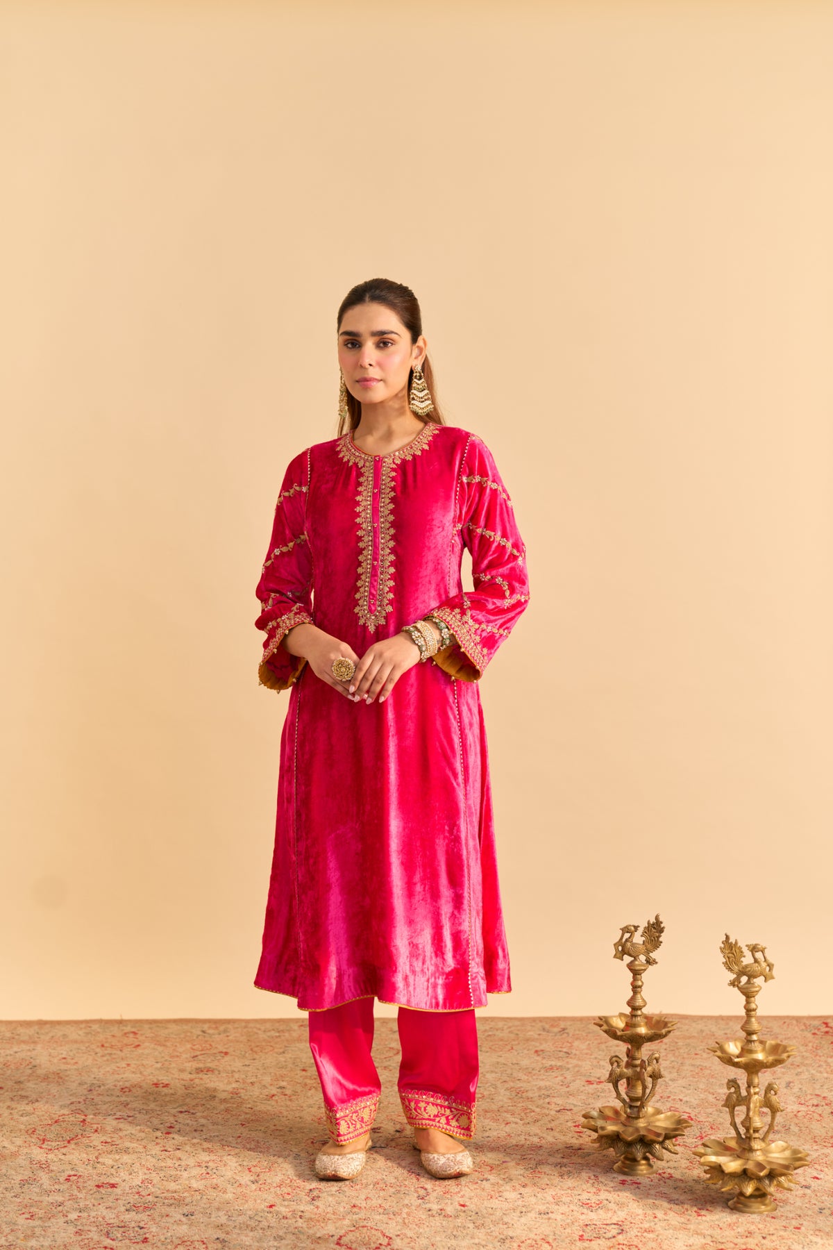 Hot Pink Velvet Chauga Salwar Suit with Tissue Silk Dupatta