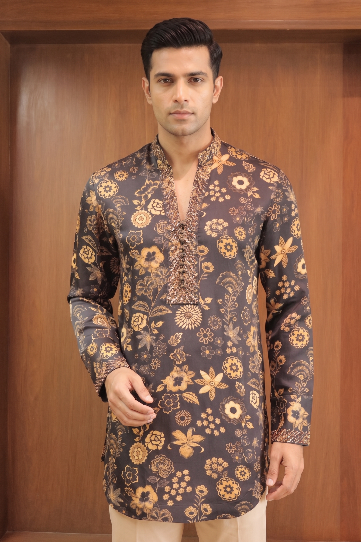Black & Gold Floral Linen Satin Kurta