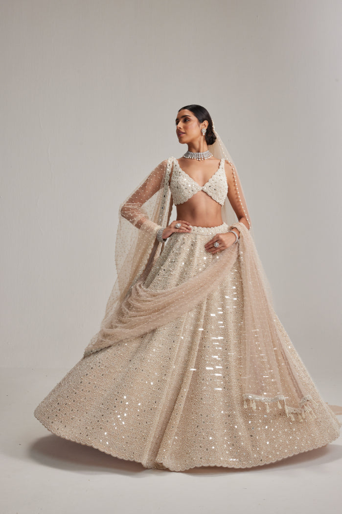 Light Beige Dense mirror and pearl lehenga set with Double Dupatta and Veil