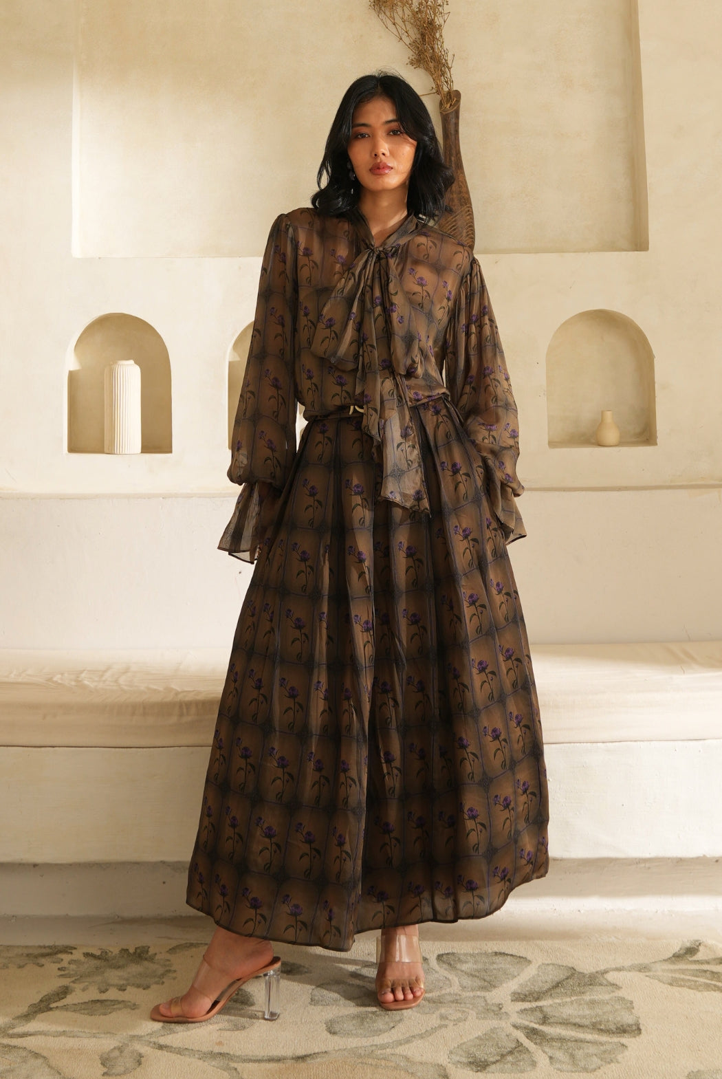 Elegant Olive Green Floral Print Skirt with Cinched Waist Belt