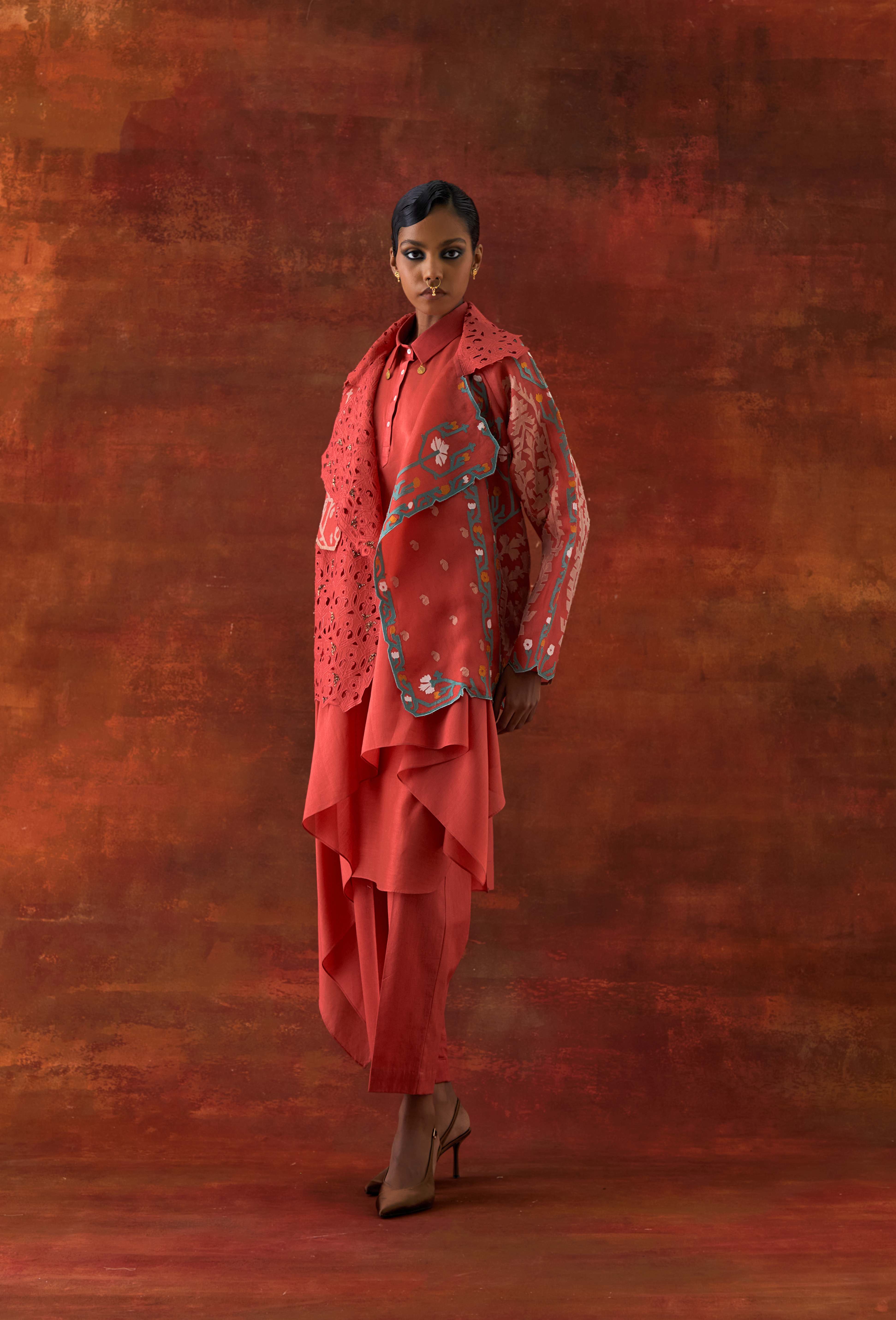 EMB ORGANZA SHORT TRENCH WITH DRAPED SHIRT AND PANTS - image 4