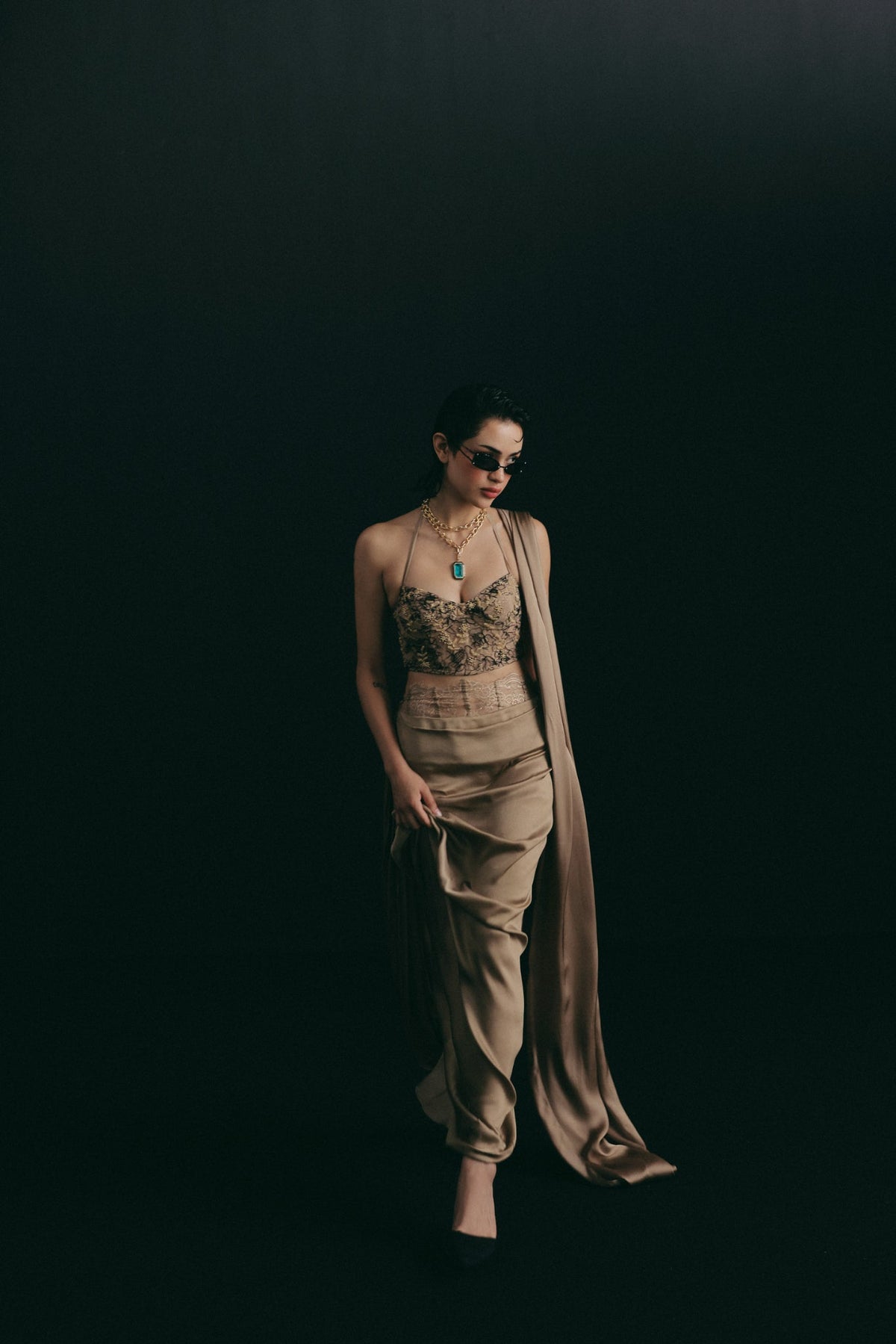Cutdana & Dori Embroidery, Soft Tulle & Satin with Corded Lace, Skirt Set, Corset Silhouette