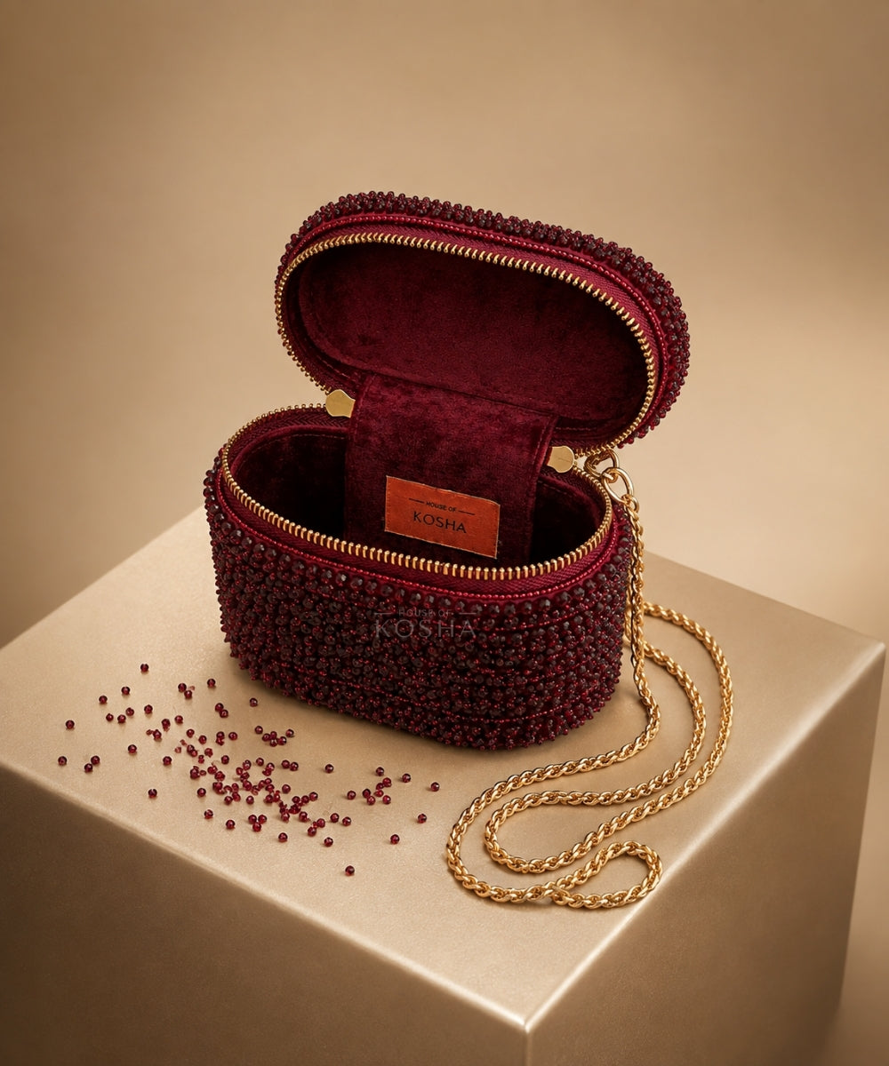 Ziya Maroon Suede Embroidered Vanity Bag