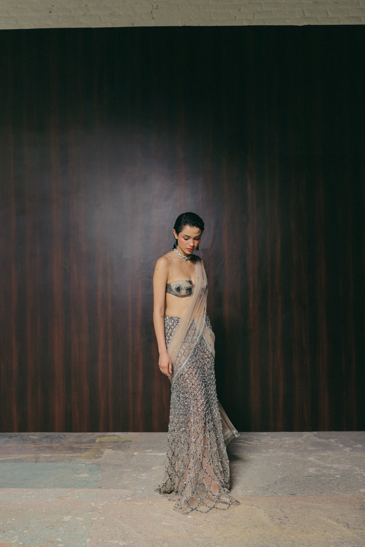 Zardosi & Bugle Bead Embroidery, Stretch Tulle & Silk with French Lace, Saree Set, Blouse Silhouette