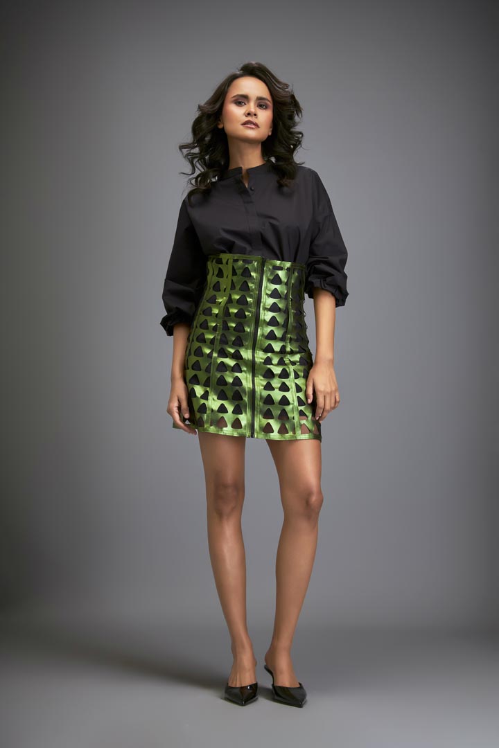 Shirt Paired With A Metallic Mini Skirt