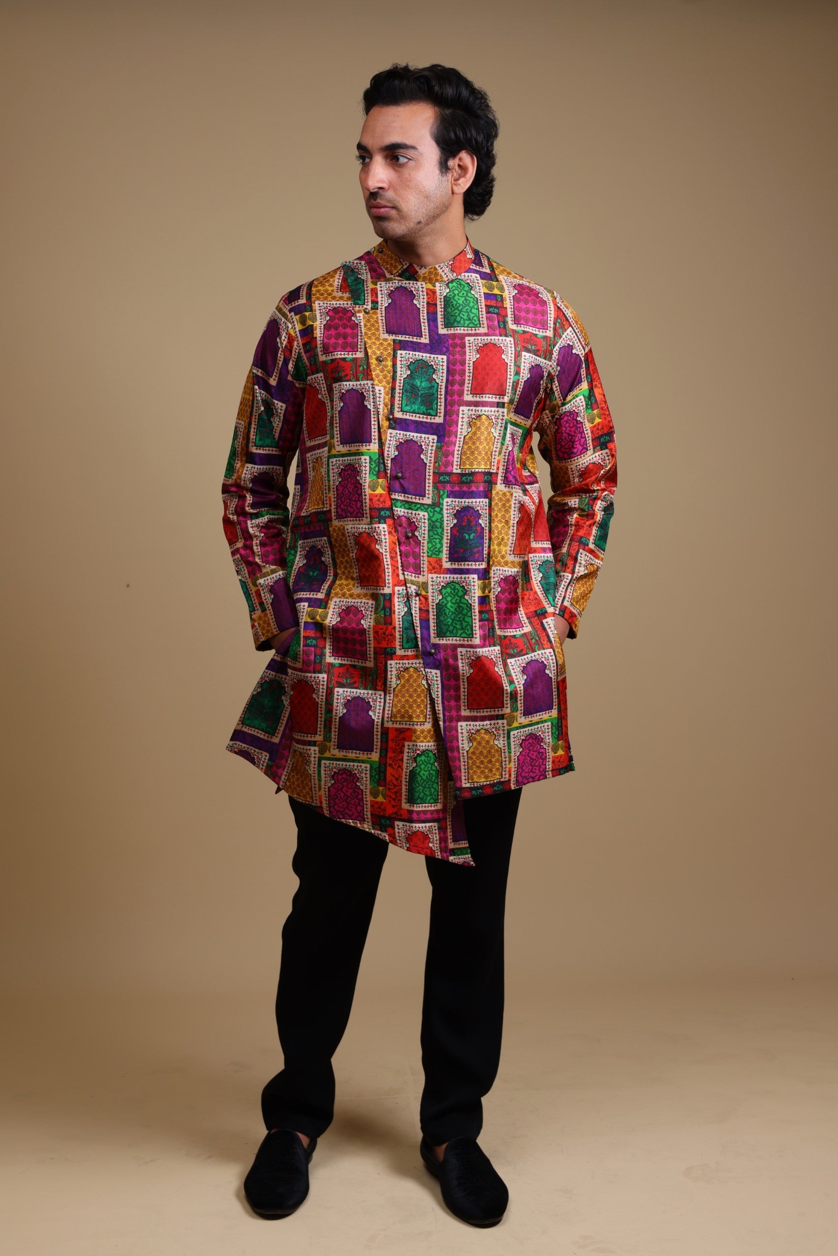 Stylish Jharoka Print asymmetrical
 kurta with pants