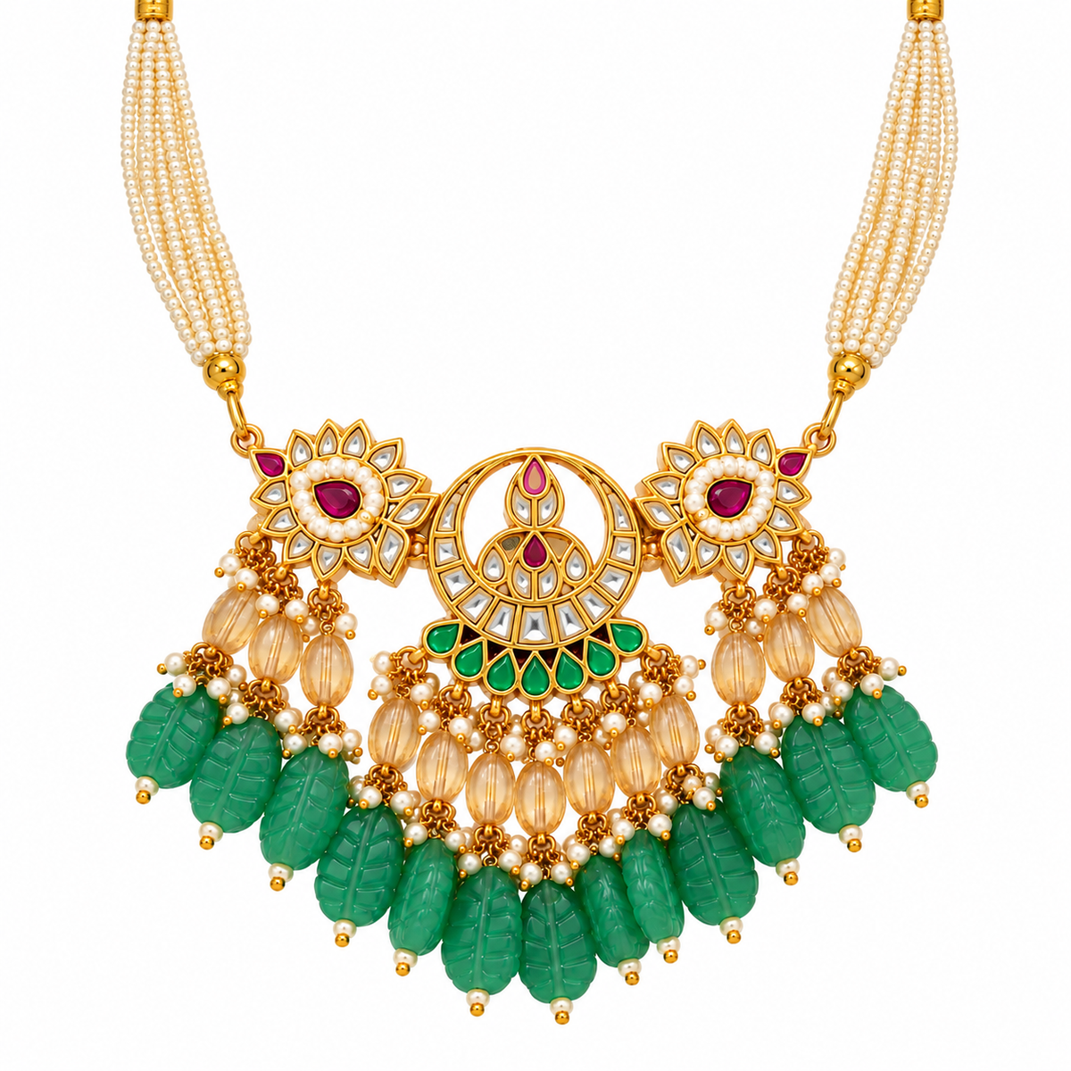 Emerald Carved Beaded Kundan Necklace Set