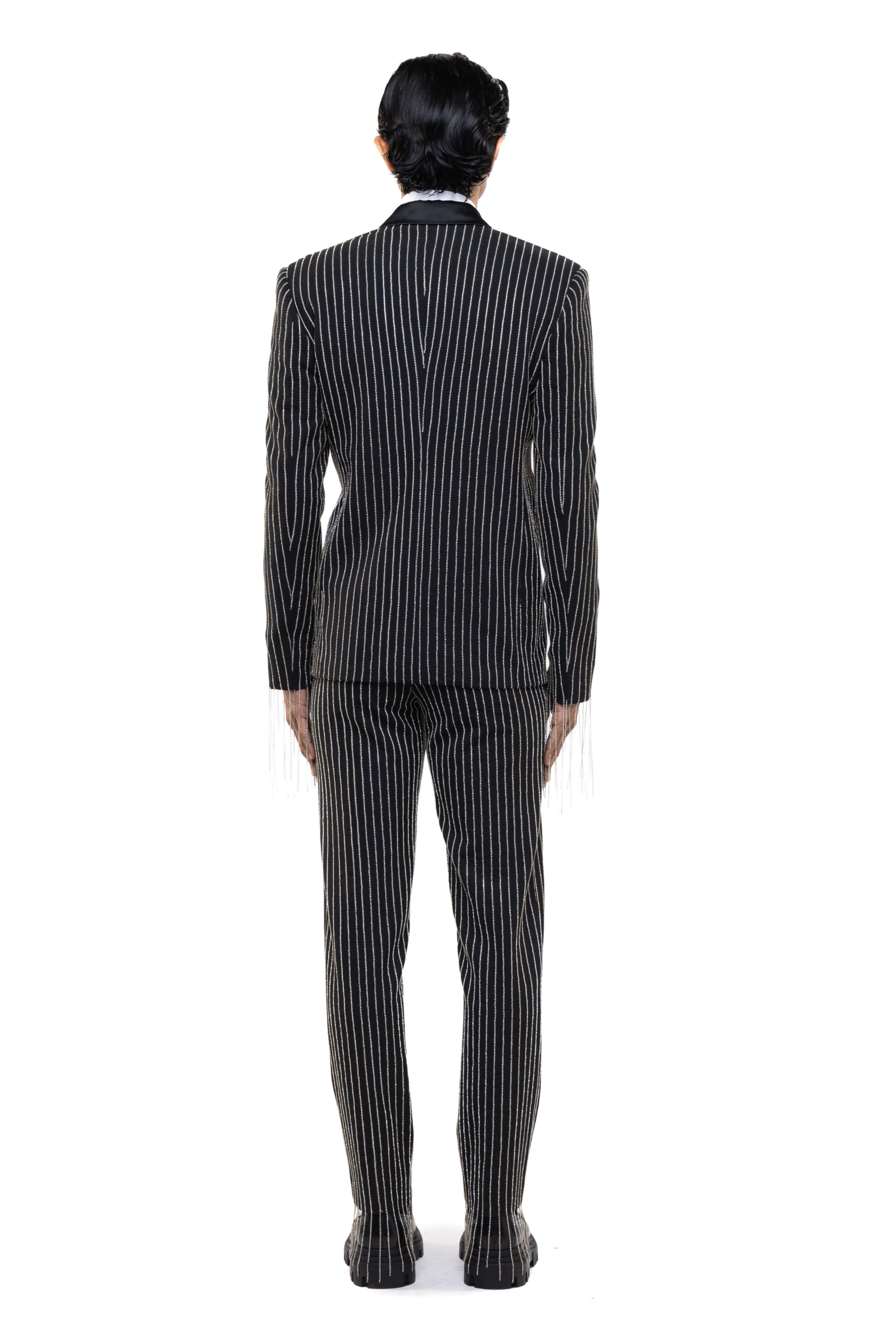 Black & Silver Worsted Wool Rhinestone Embellished Tuxedo Set