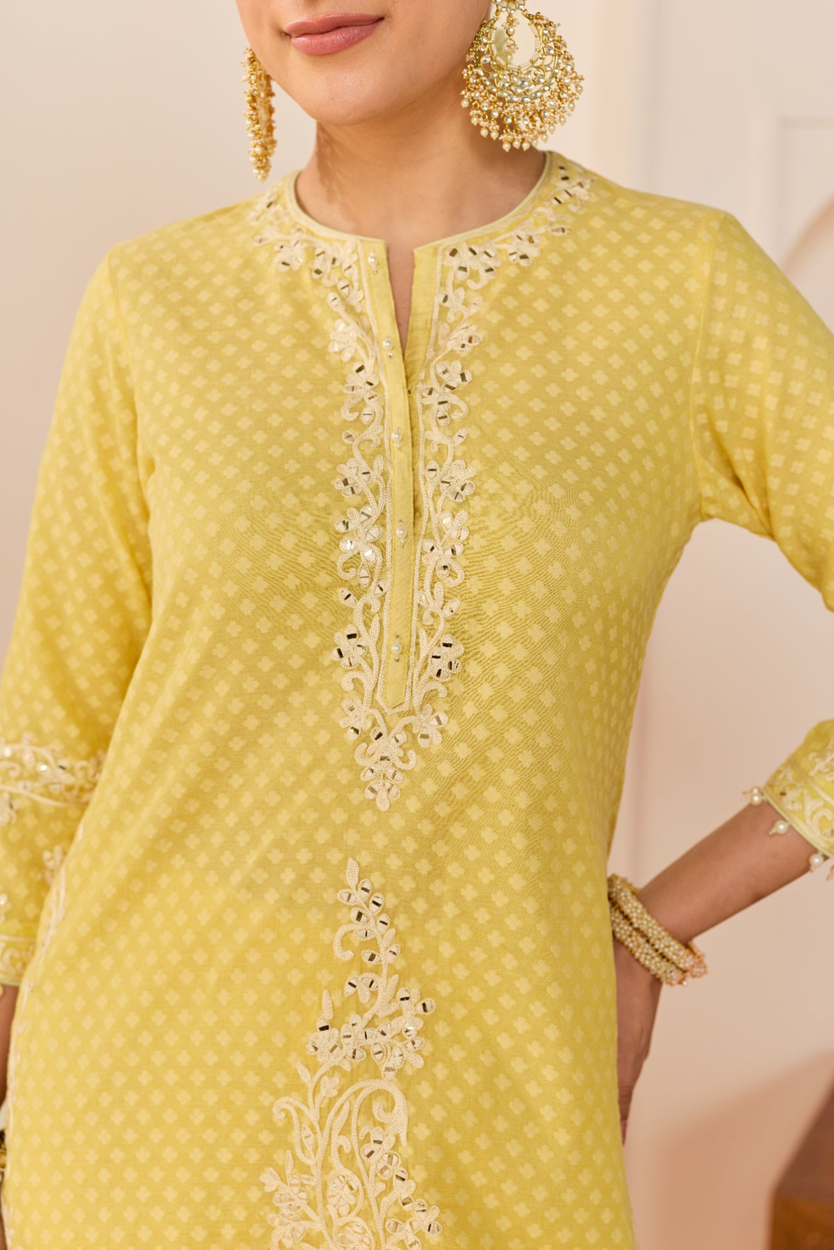 Lemon Yellow Short Kurta Garara Set with Silk Organza Dupatta