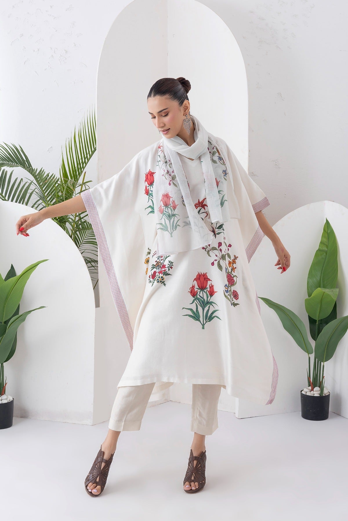 Ivory Silk Chanderi Floral Printed Kaftan Set (2 PCS)