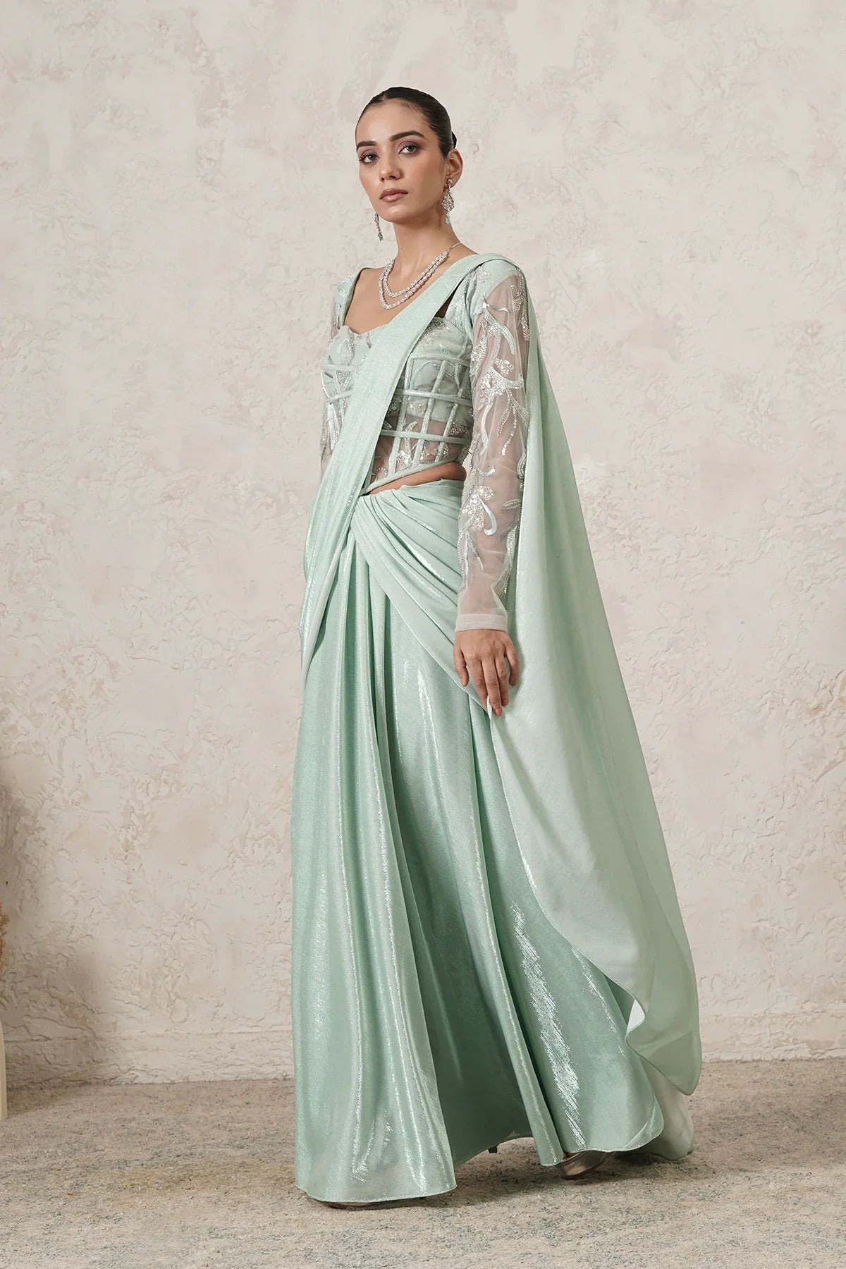 Jharokha Pre-Draped Saree with Hand-Embroidered Corset Blouse | Mint Green |  Women | THETAA