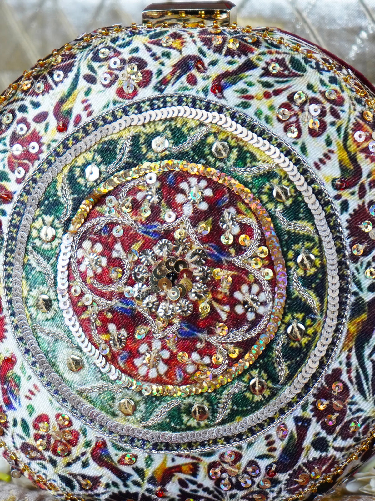Ivory Bird Motif Printed Embroidered Round Clutch Bag with Gold Tassel