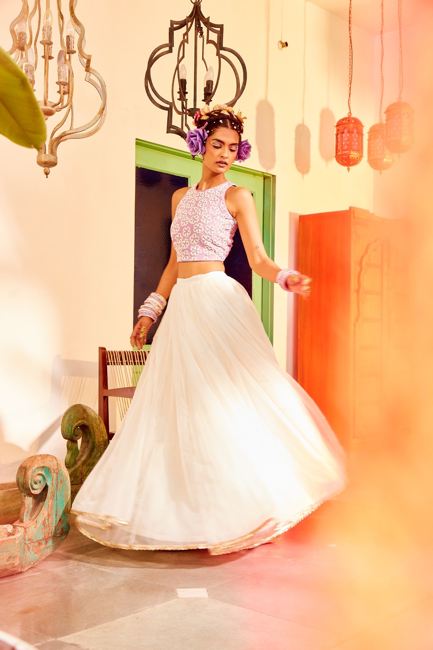 Lilac Crop Top With Ivory Lehenga.