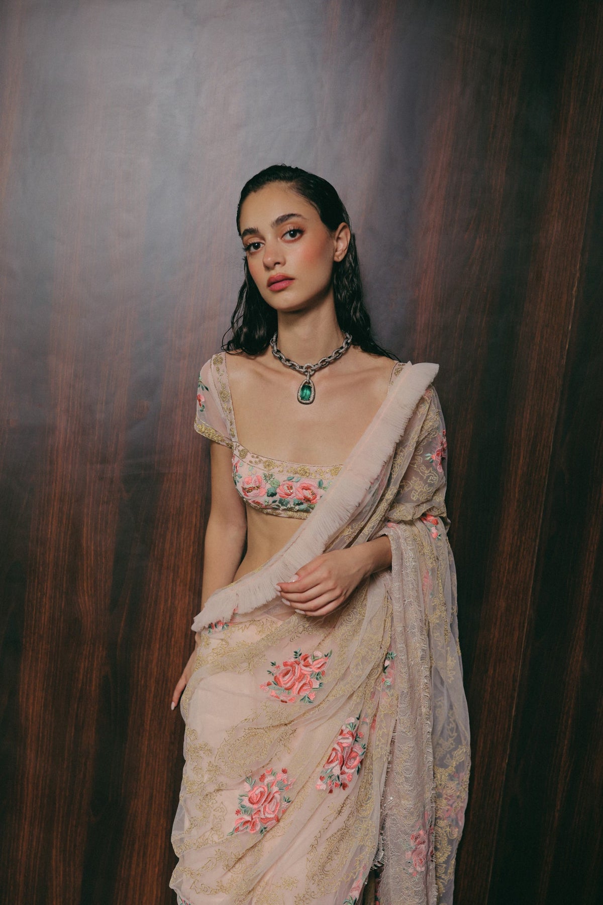 Floral & Zardosi Embroidery, Silk Georgette & Tulle with French Lace, Stitched Saree Set, Blouse Silhouette
