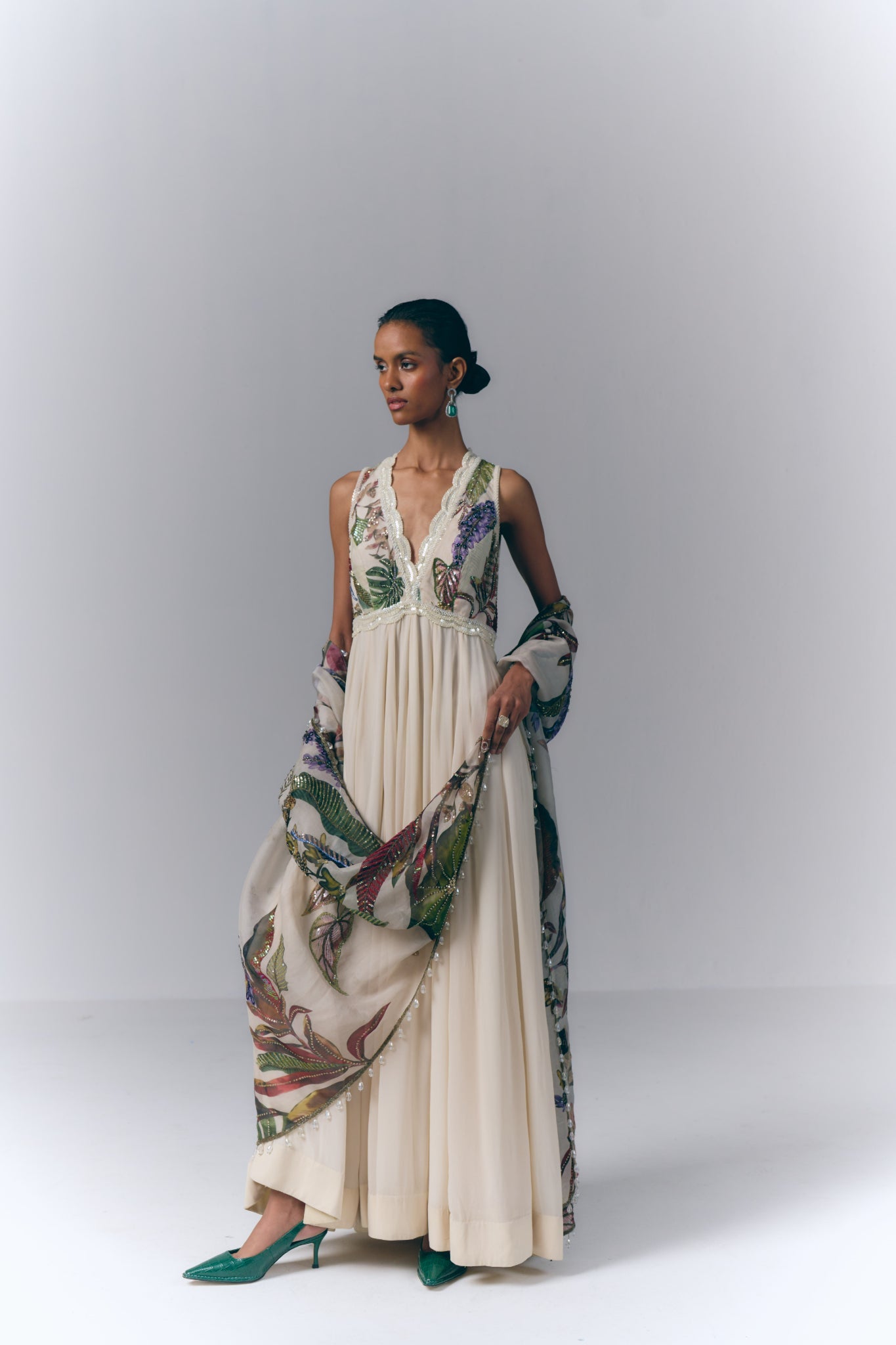 Ivory Botanical Embroidered Anarkali Set