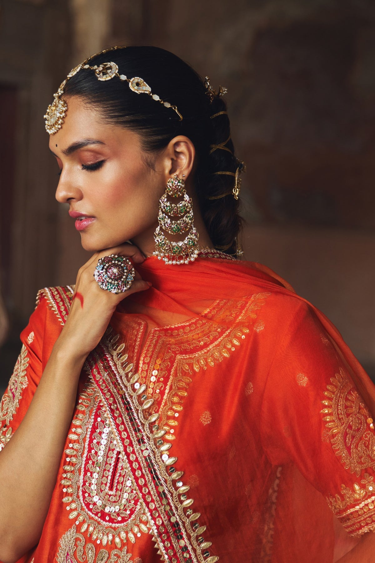 Burnt Orange Banarasi Short Kurta Sharara Set with Dupatta