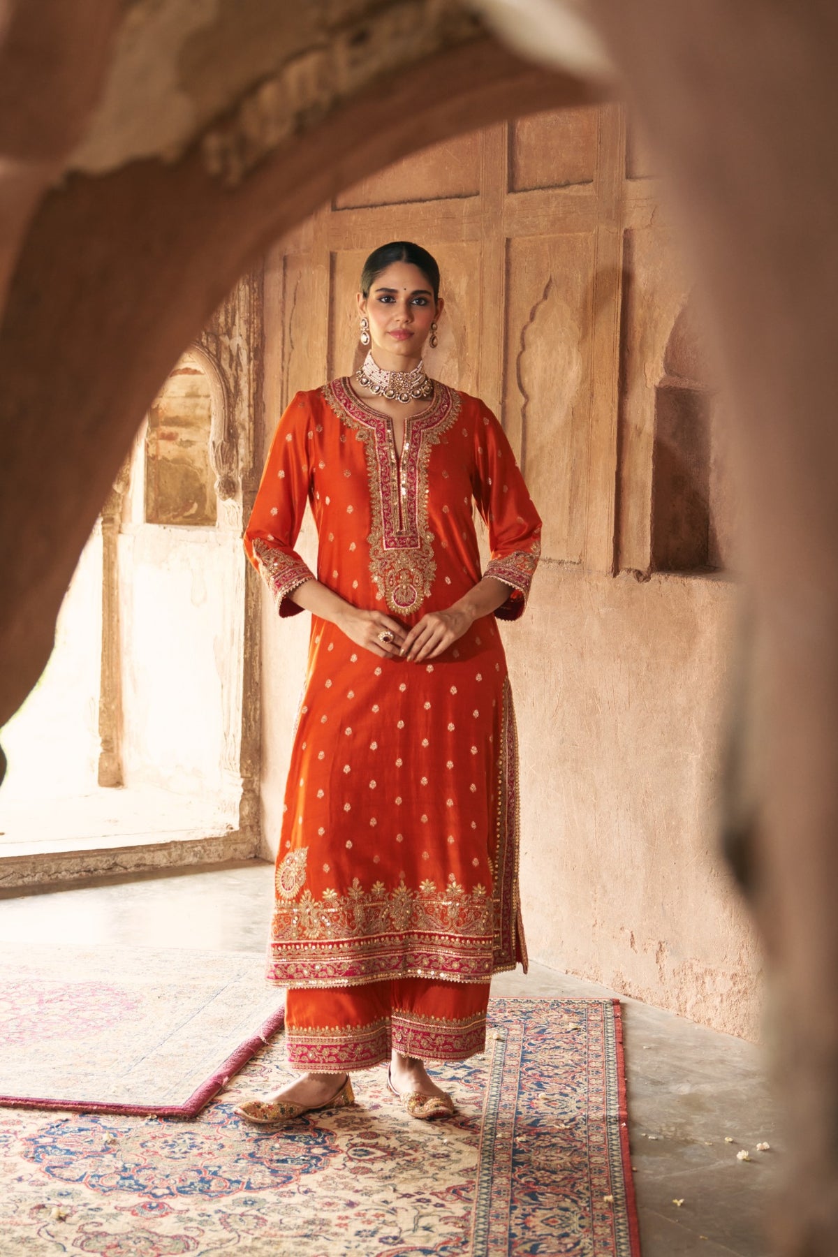 Burnt Orange Embroidered Kurta Set with Silk Organza Dupatta