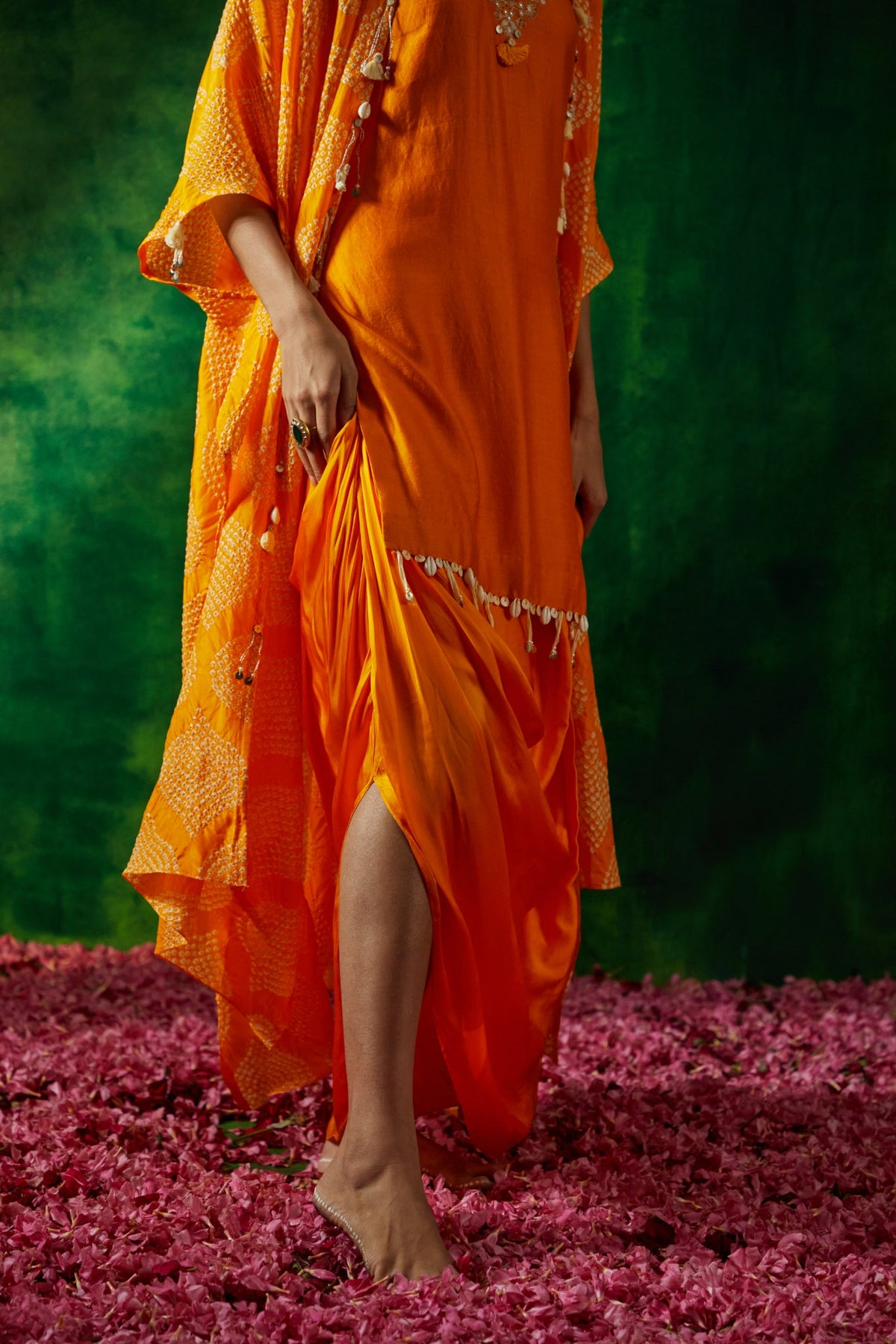 Bandhni cape set with chanderi kurta and dhoti skirt