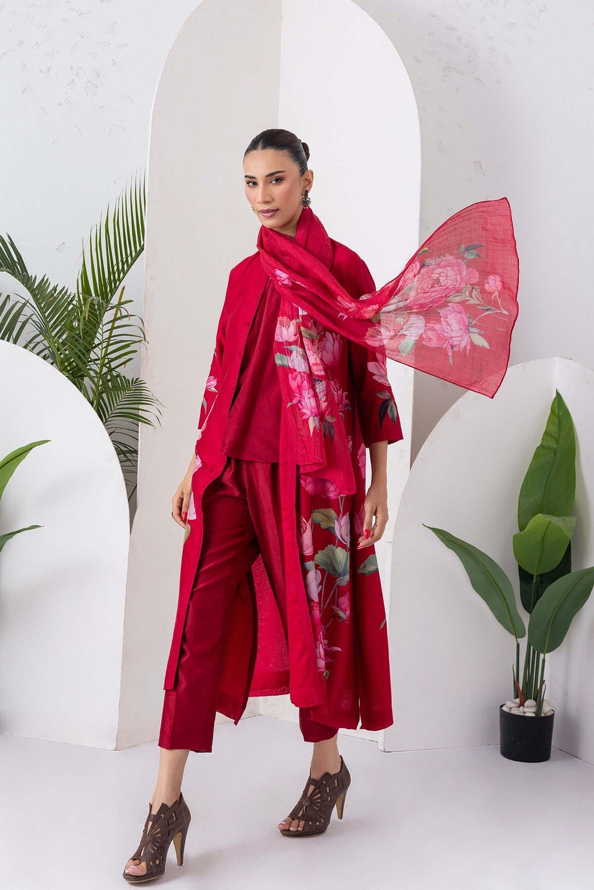Maroon Silk Chanderi Printed Front Open Dress Set (3 PCS)