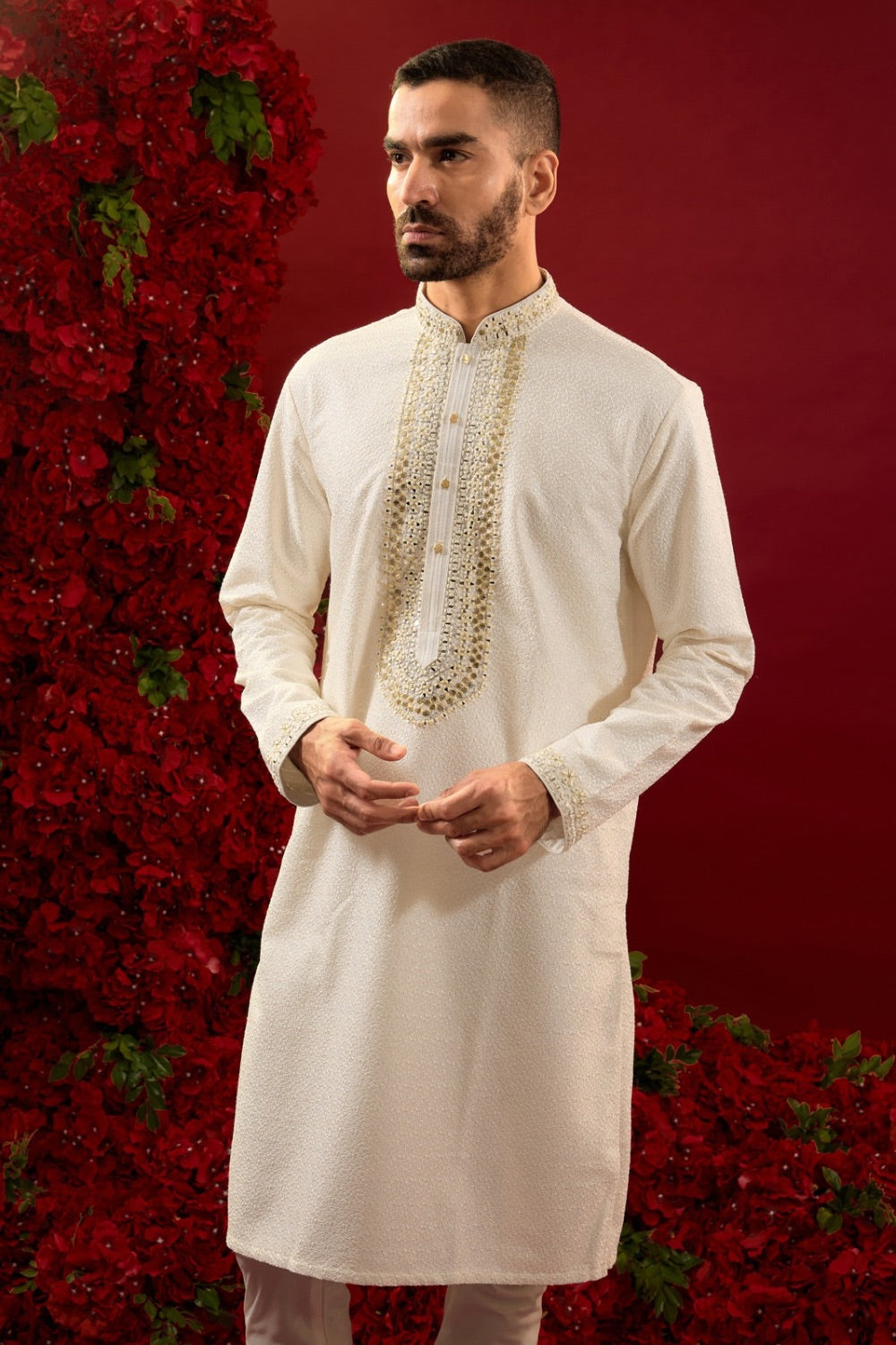 Cream silk kurta and pajama with hand and machine work