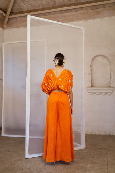 Orange Gathered Crop Top with Palazzo Set
