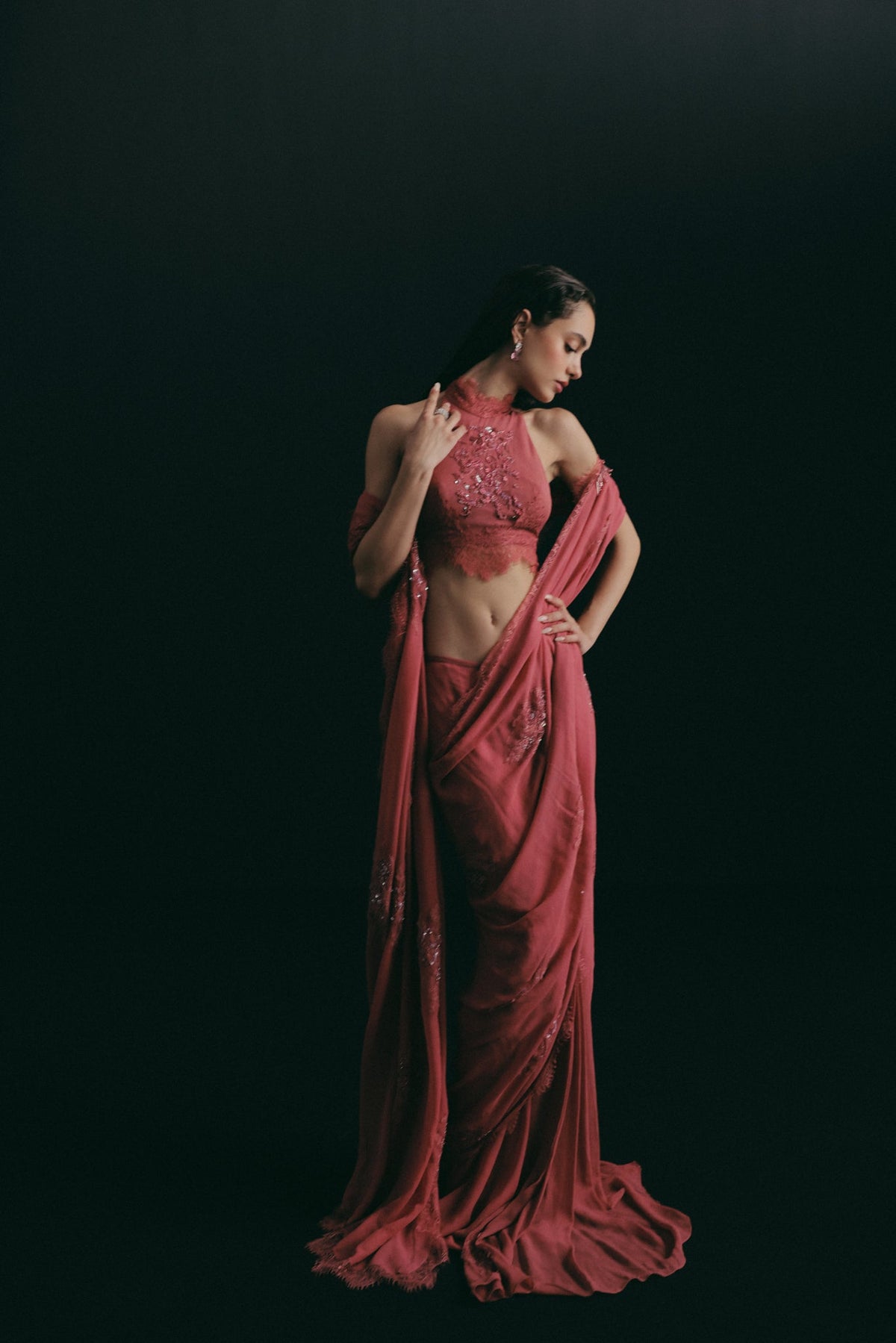 Zardosi & Bugle Bead Embroidery, Silk Georgette & Vintage Lace, Pre-Pleated Saree Set, Blouse Silhouette