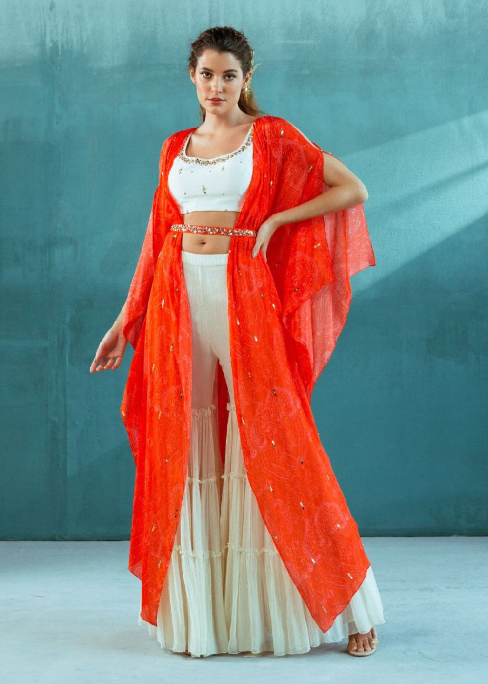 Coral Chiffon Ivory Sharara set