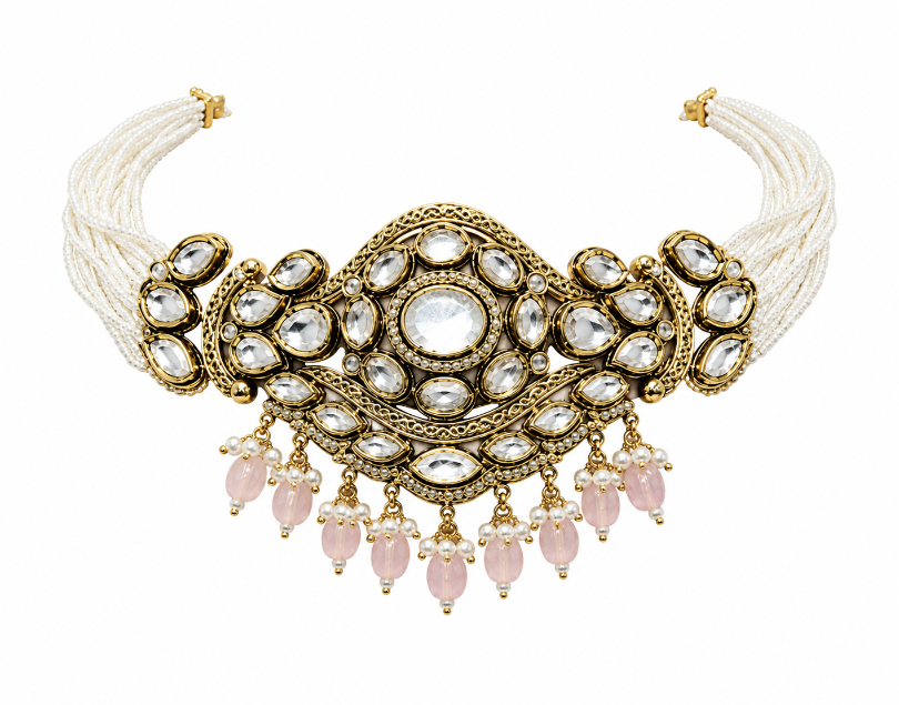 Kundan Pastel Pink Beaded Choker Set
