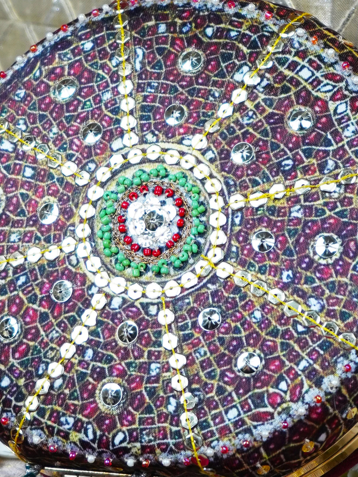 Burgundy Mandala Printed Embroidered Round Clutch Bag with Three Gold Tassels