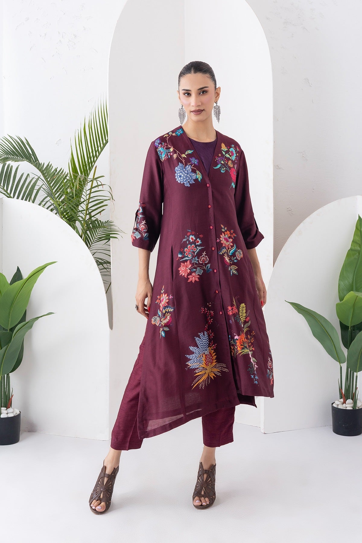 Chocolate Brown Silk Chanderi Printed High-Low Dress Set (3 PCS)