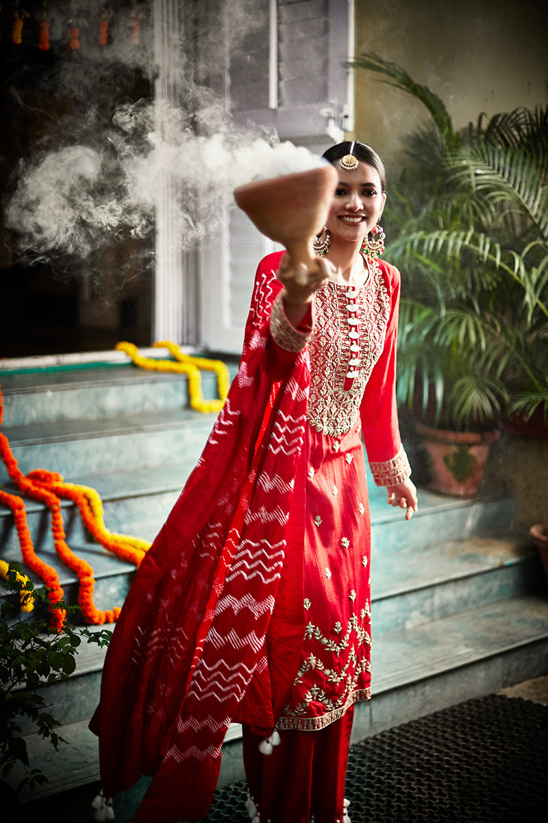 embroidered kurta set with bandhni dupatta