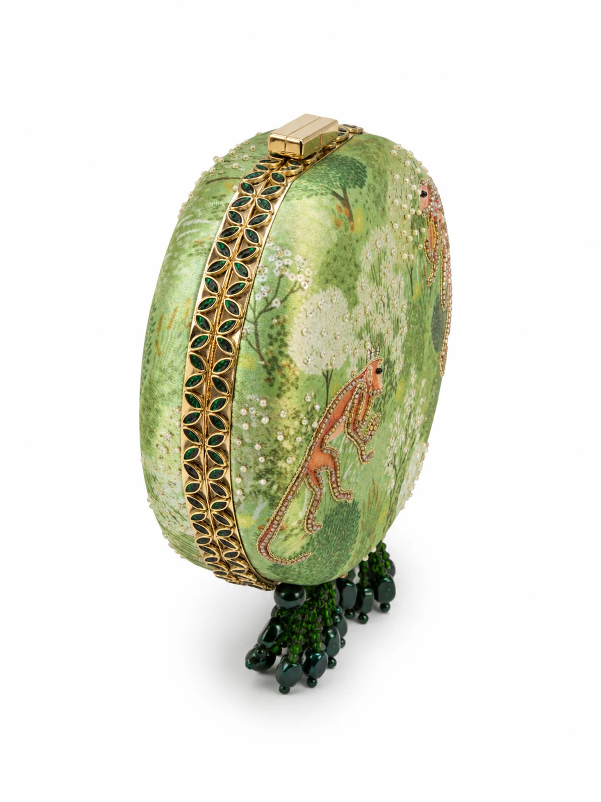 Green Forest Print Round Clutch Bag with Monkey Motif & Beaded Tassels