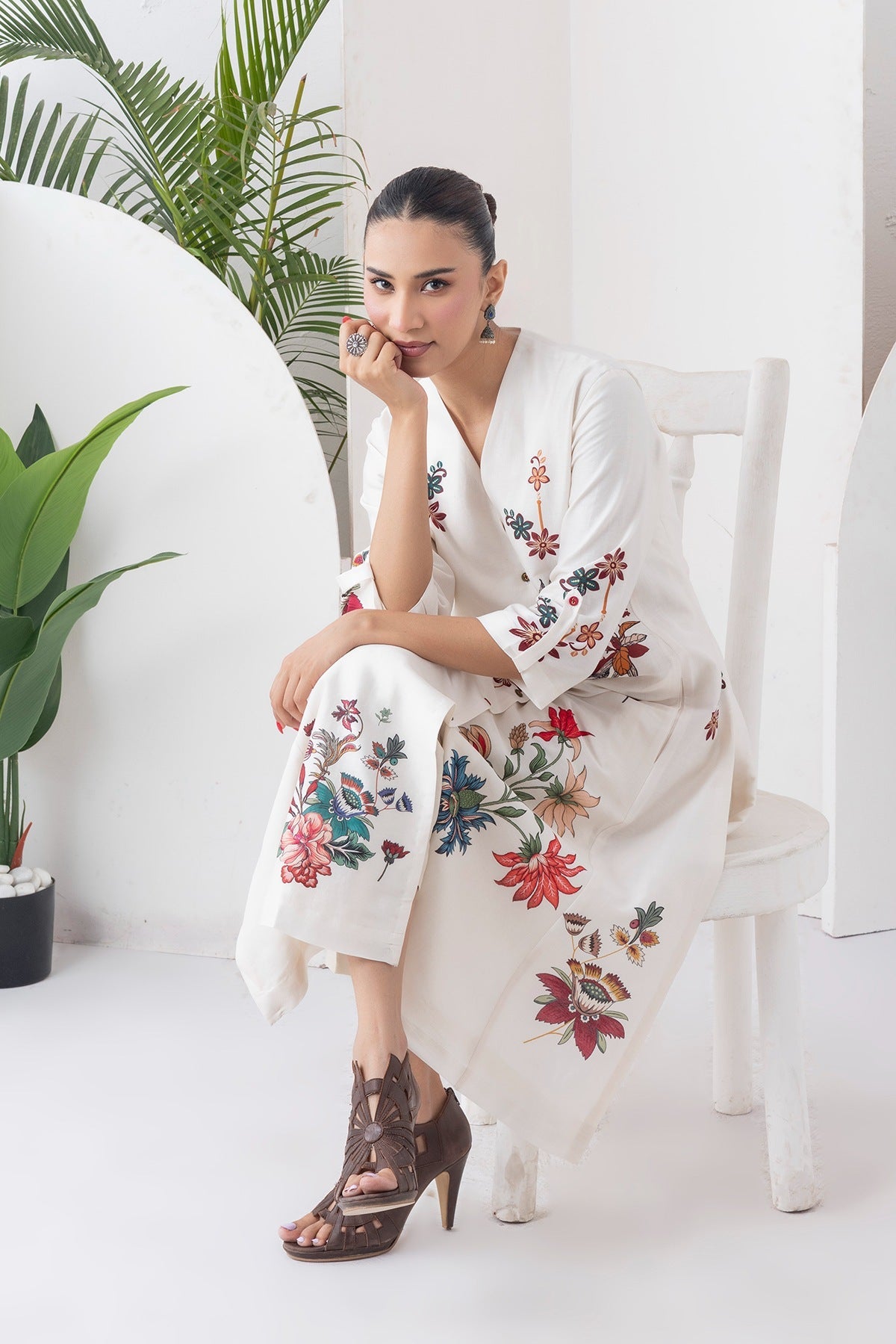 Ivory Silk Chanderi Printed High-Low Dress Set (3 PCS)
